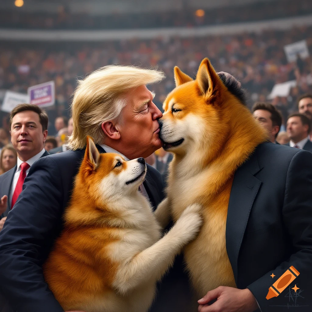 Donald Trump is kissing a large dog in a suit at a rally, with a smaller dog nearby.