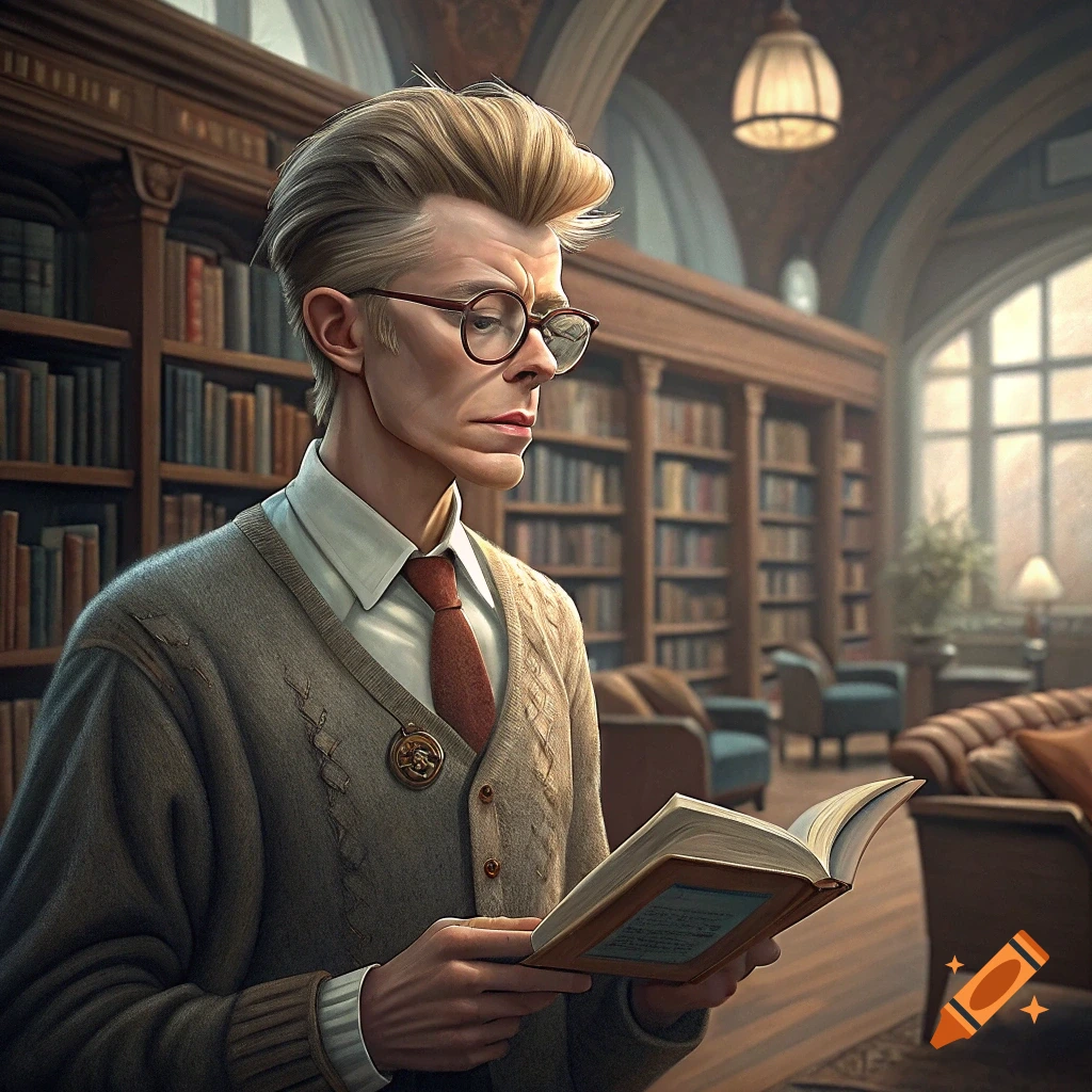 A stylized portrait of a man resembling David Bowie, reading a book in a library.