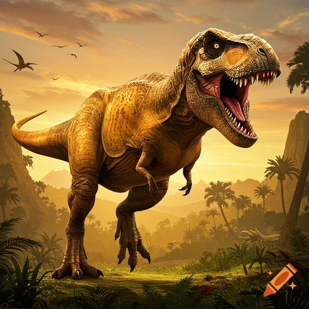 A T-Rex roars in a prehistoric jungle landscape under an orange sky.