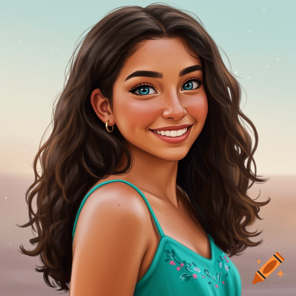 A young woman with long brown hair, blue eyes, and a warm smile, wearing a teal sundress.
