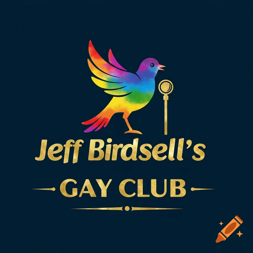 Logo with rainbow bird singing into a mic, text 'Jeff Birdsell's - GAY CLUB -' in gold on a dark blue background.