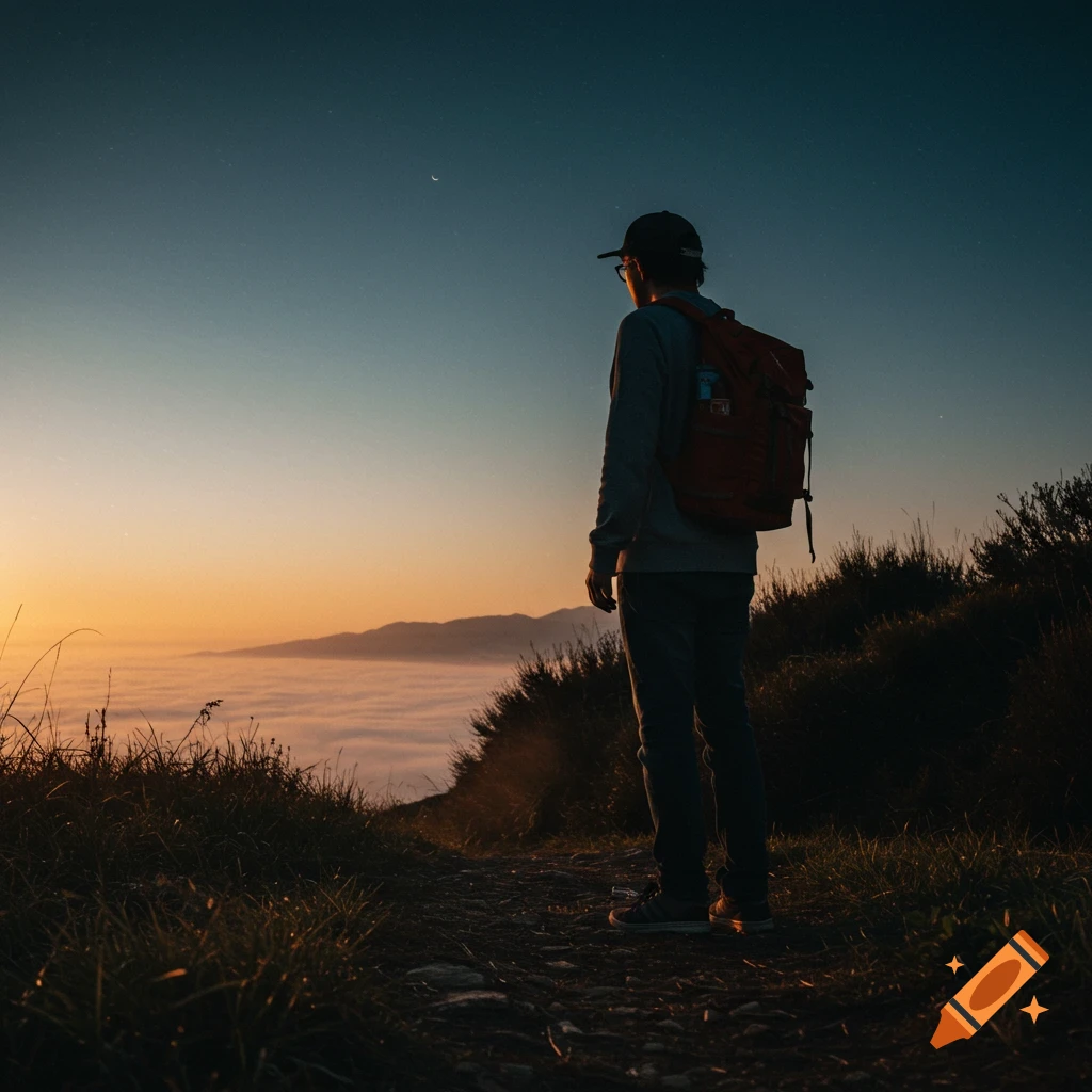 A person stands on a trail overlooking a cloud inversion at sunset.