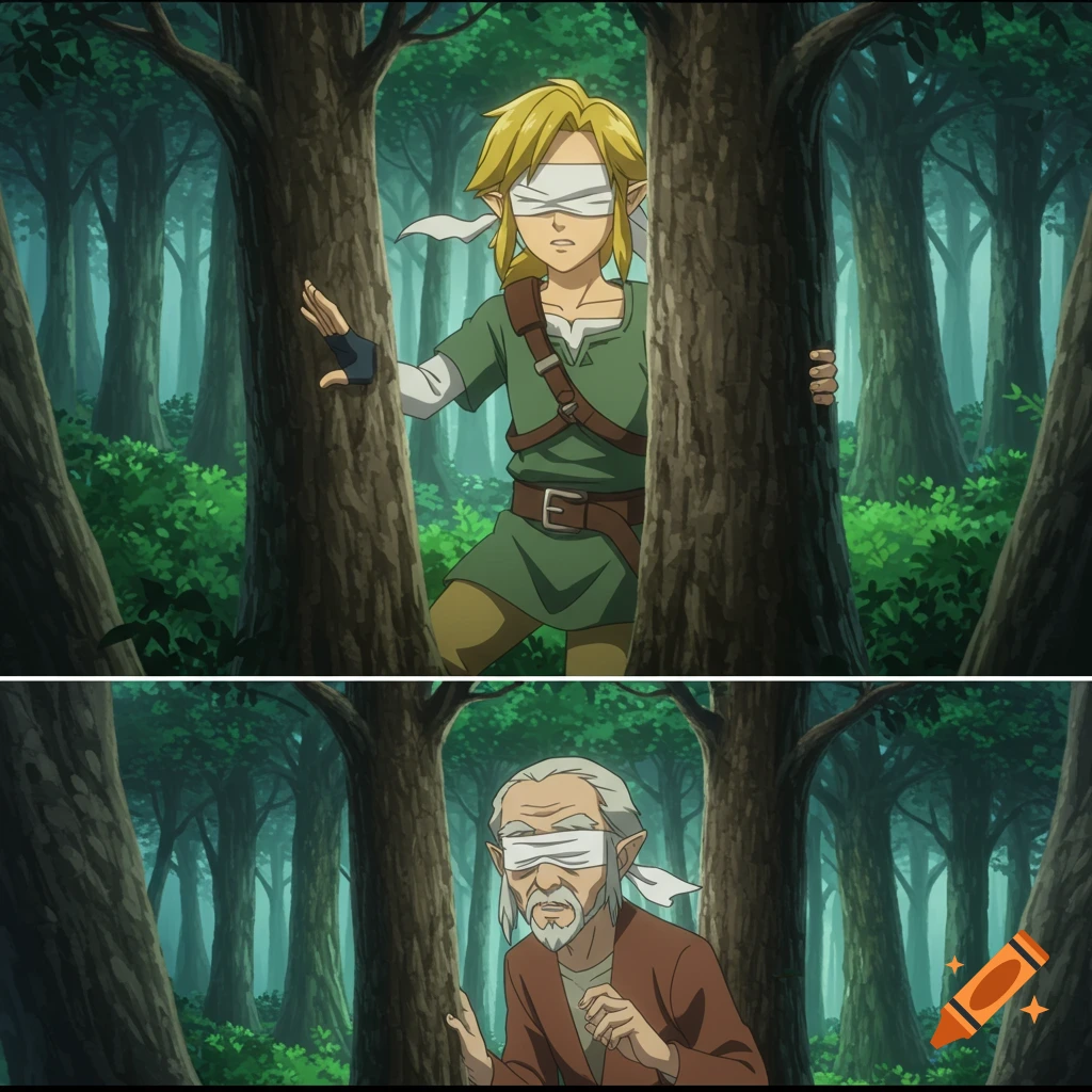 Anime image in two panels. Top: A blindfolded young person in green touches a tree in a forest. Bottom: A blindfolded old man touches a tree in a forest.