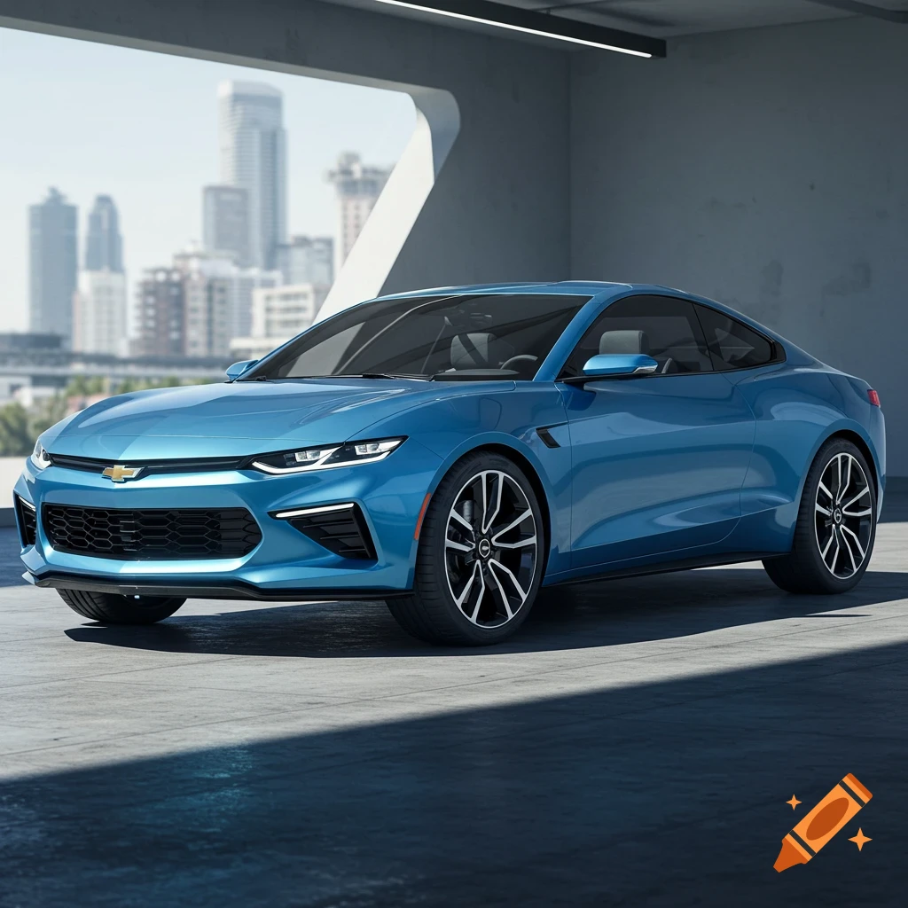 A photorealistic image of a blue concept car in a modern garage with a city skyline view.