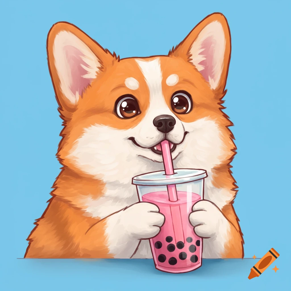 A cartoon corgi drinking boba tea.
