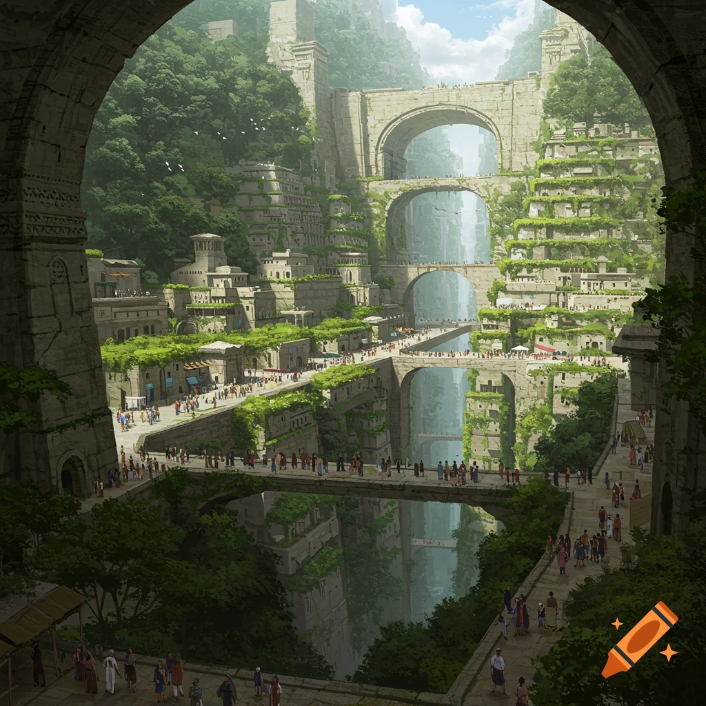 A massive fantasy city built into a canyon with multi-level bridges and buildings.