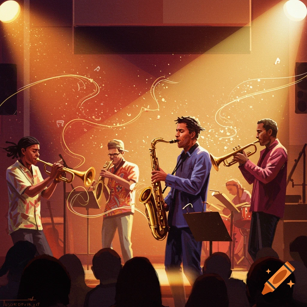 A jazz band performs on stage under spotlights, with an audience visible from the back.