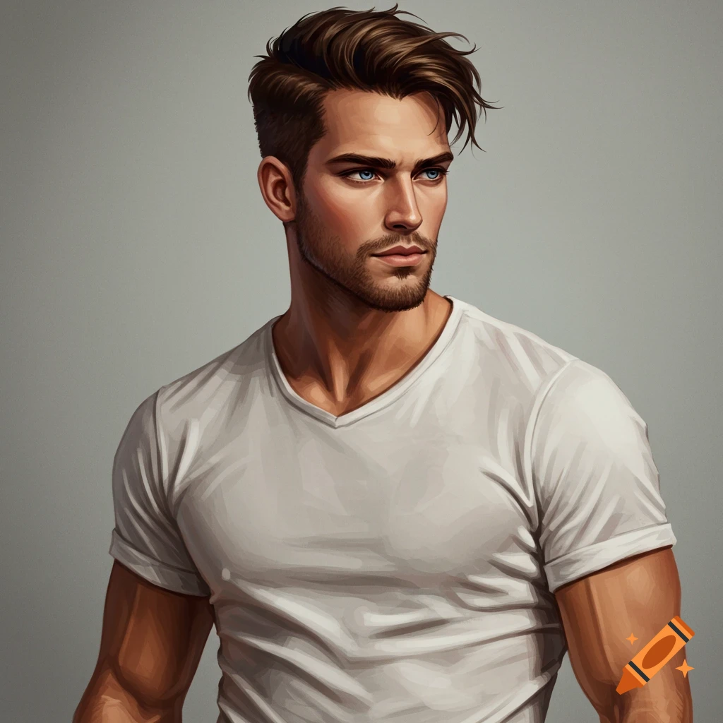 A man in a white t-shirt is looking away.