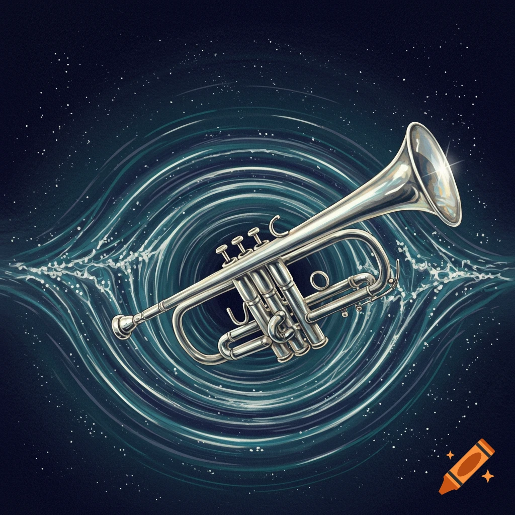 A silver trumpet surrounded by swirling sound waves in space.