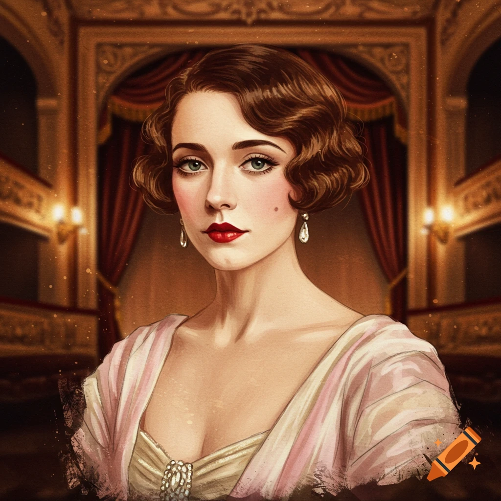 A portrait of a woman in vintage clothing in a theatre