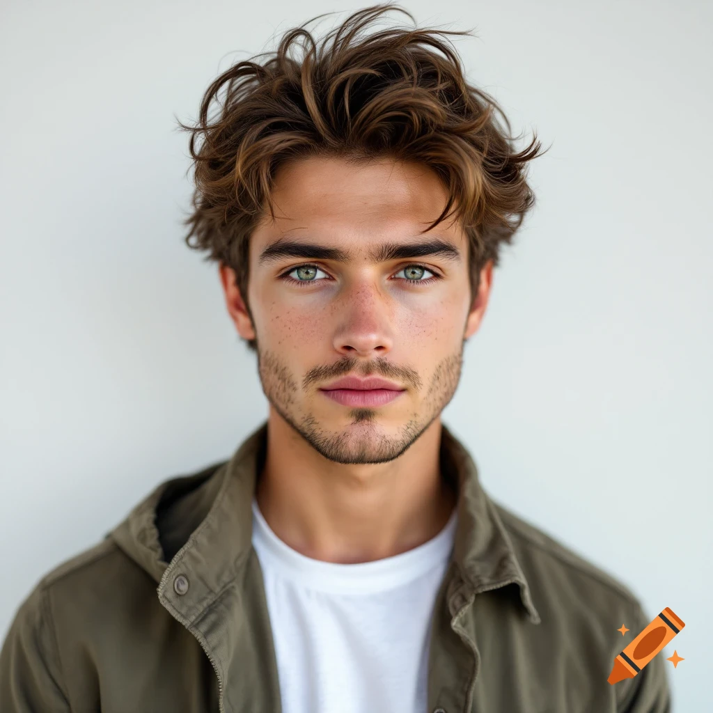 Photorealistic portrait of a young man with brown hair, green eyes, freckles, and a green jacket.