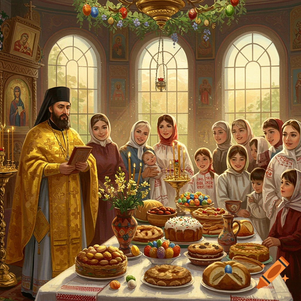 An Orthodox priest and families are celebrating Easter around a large table filled with food and decorations.