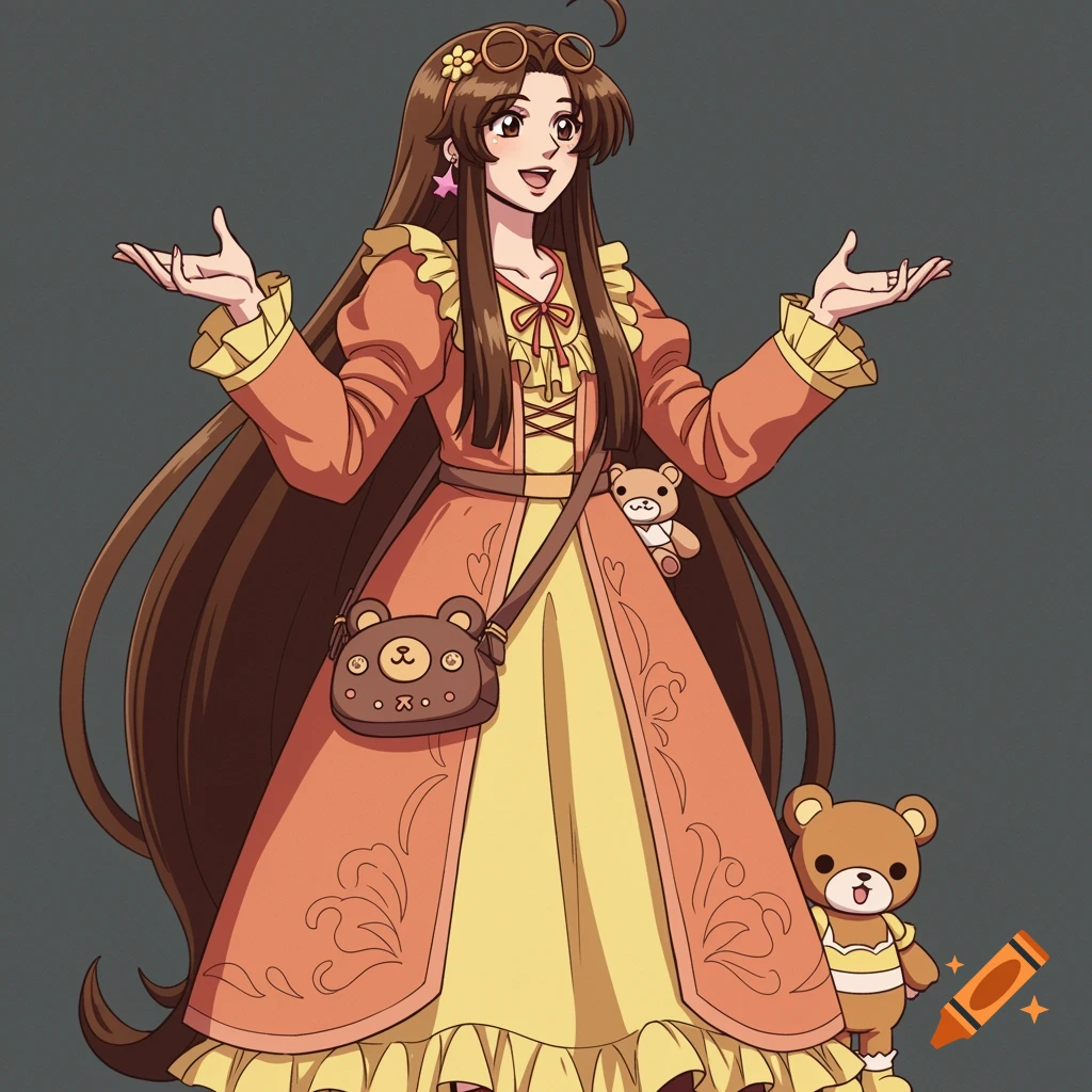 Anime character with long brown hair and orange dress, gesturing, with teddy bears
