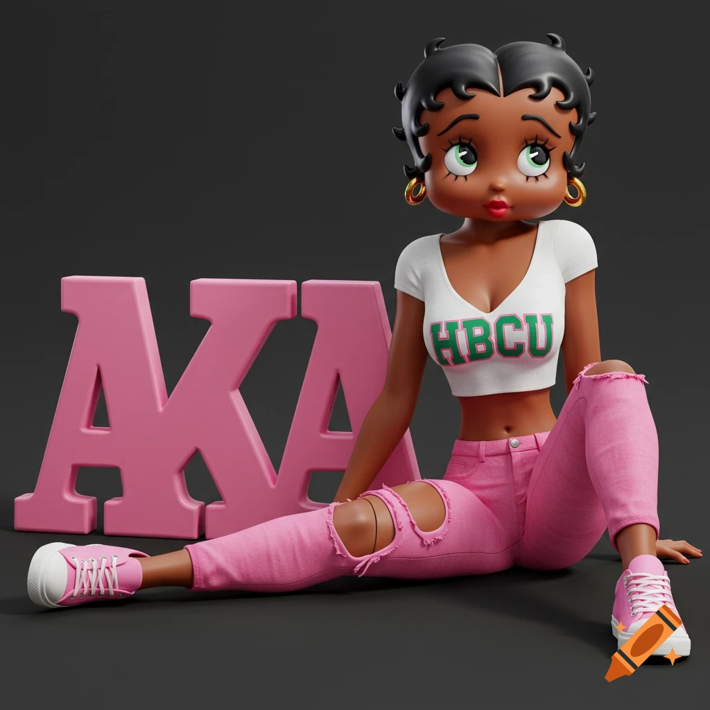 3D rendering of a cartoon woman in a crop top and ripped jeans sitting by large pink letters AKA. She wears a shirt with HBCU text.