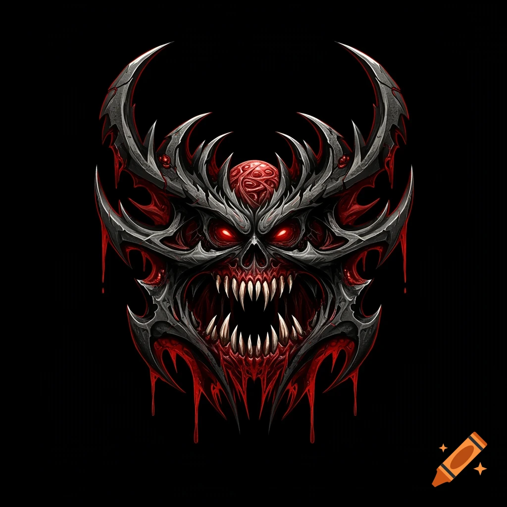 A stylized horror logo featuring a monstrous red and black skull with sharp teeth and dripping blood against a black background.