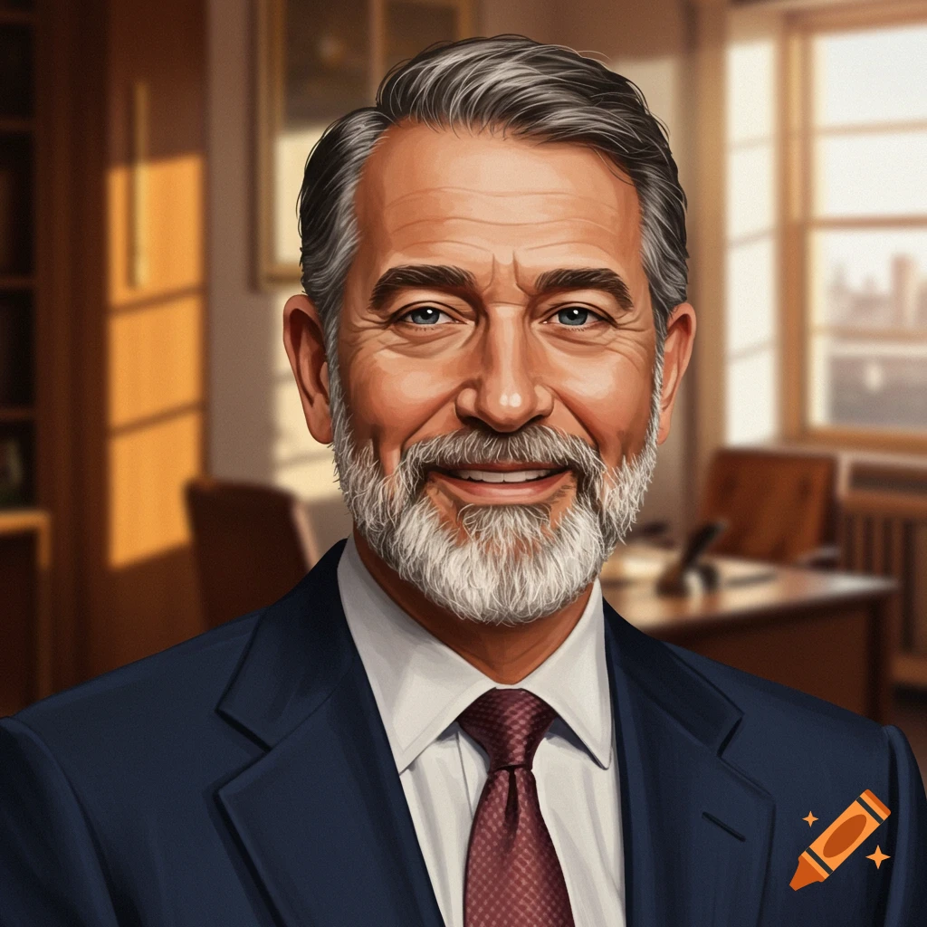 A smiling man in a suit in an office.