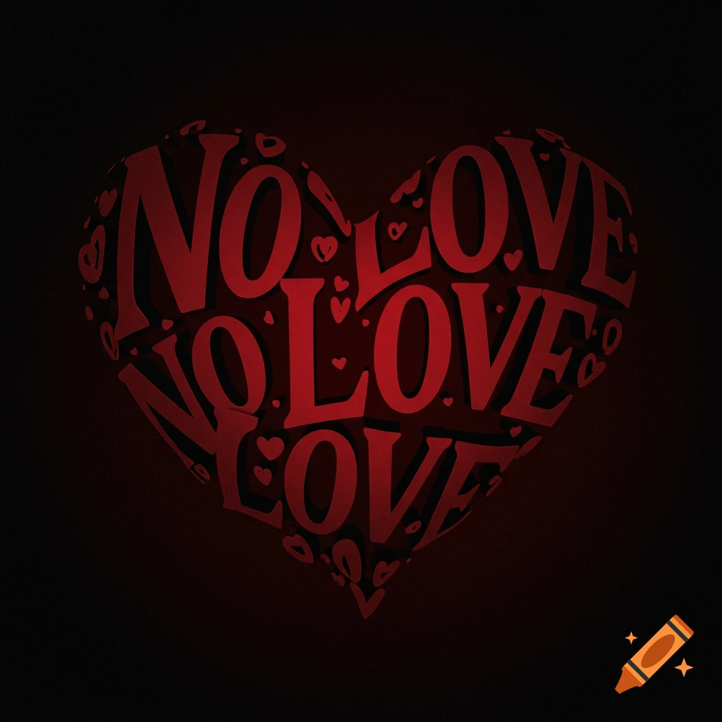 A dark red heart shape formed by repeating the words "NO LOVE" on a black background.