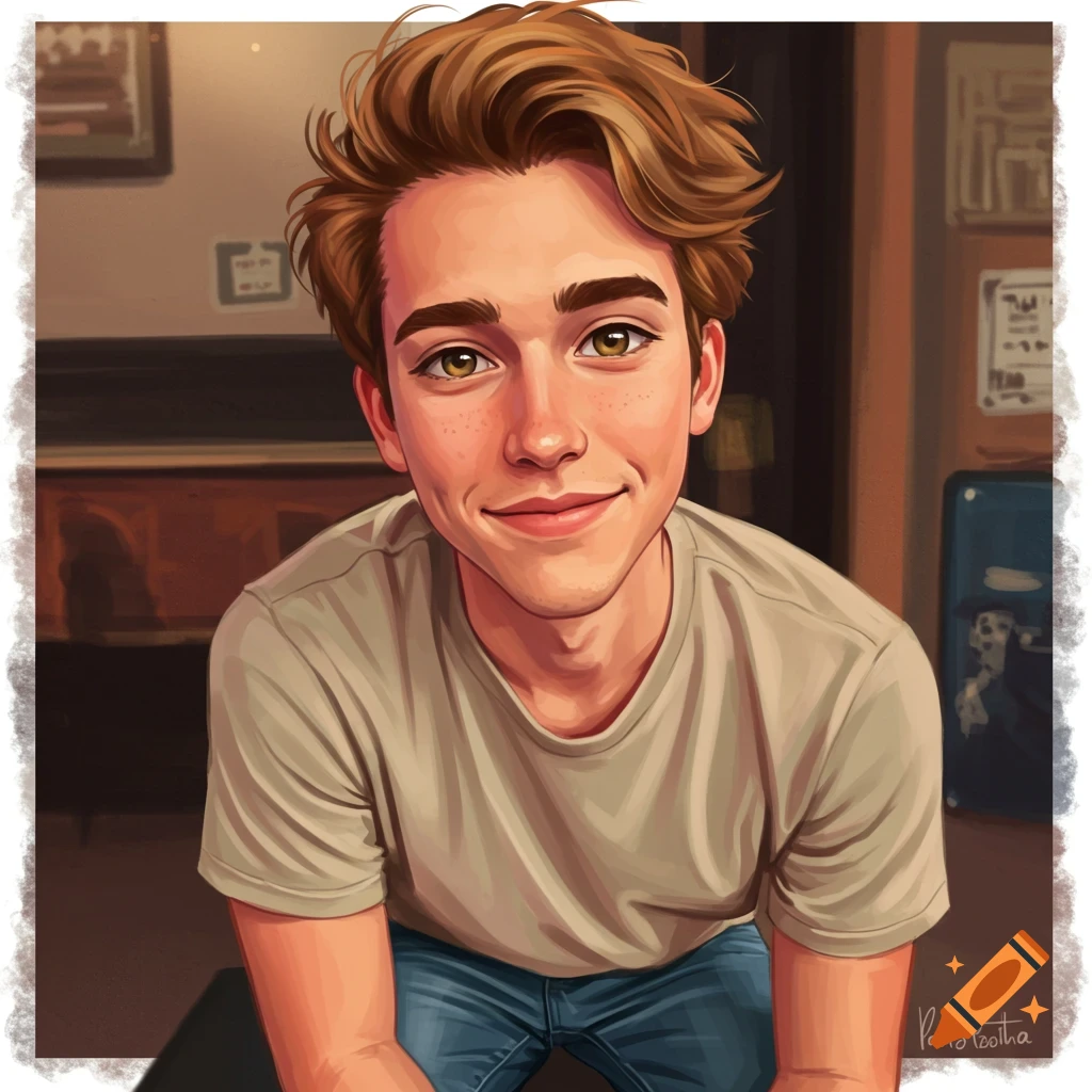 A smiling young man with brown hair and yellow eyes looking at the camera.