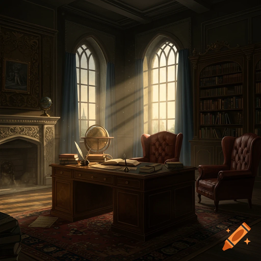 A dark academia library room with sunlight streaming through arched windows onto a desk, chairs, and bookshelves.