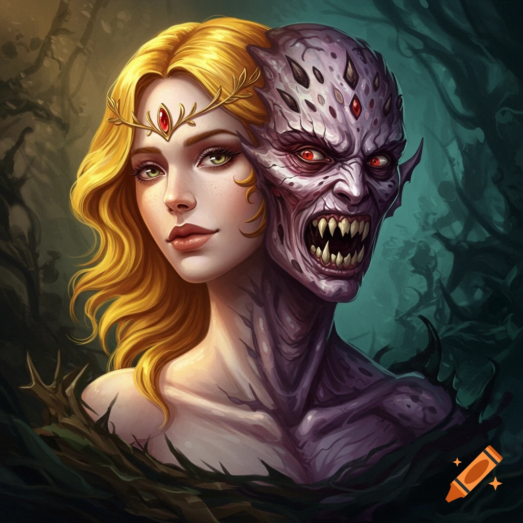 A figure with a beautiful human face on one side and a monstrous face on the other.