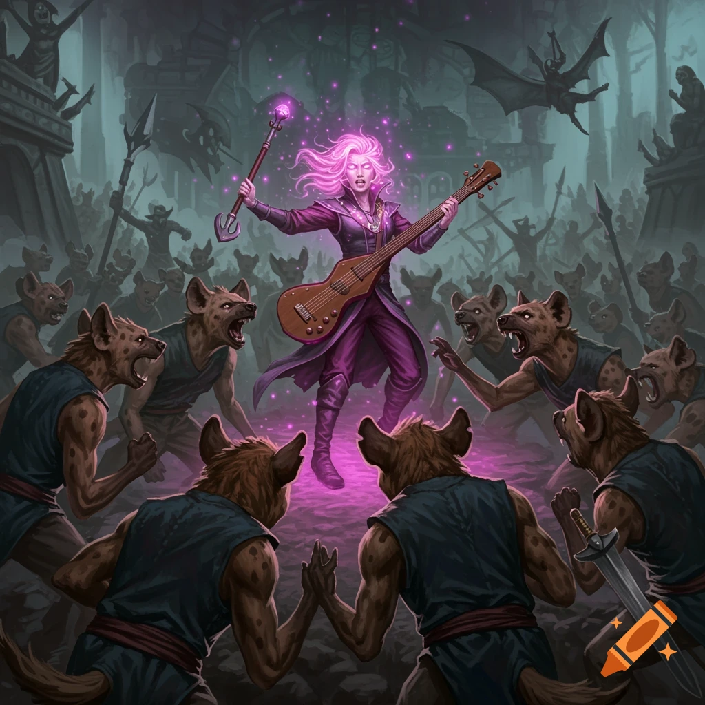 A fantasy illustration of a character with pink hair playing a lute-like instrument and captivating a horde of snarling humanoid hyenas.