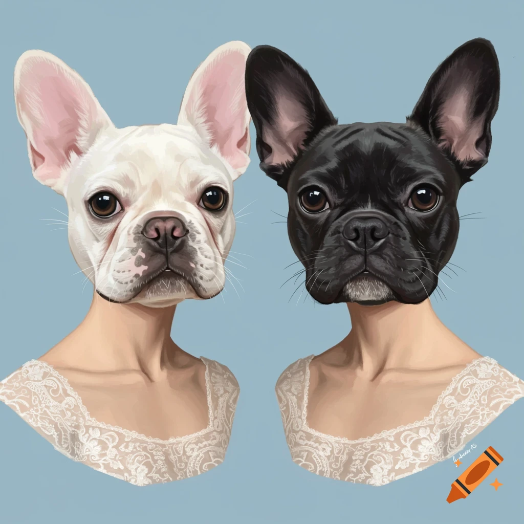 Two figures with French Bulldog heads, one white and one black, wear lace tops against a blue background.