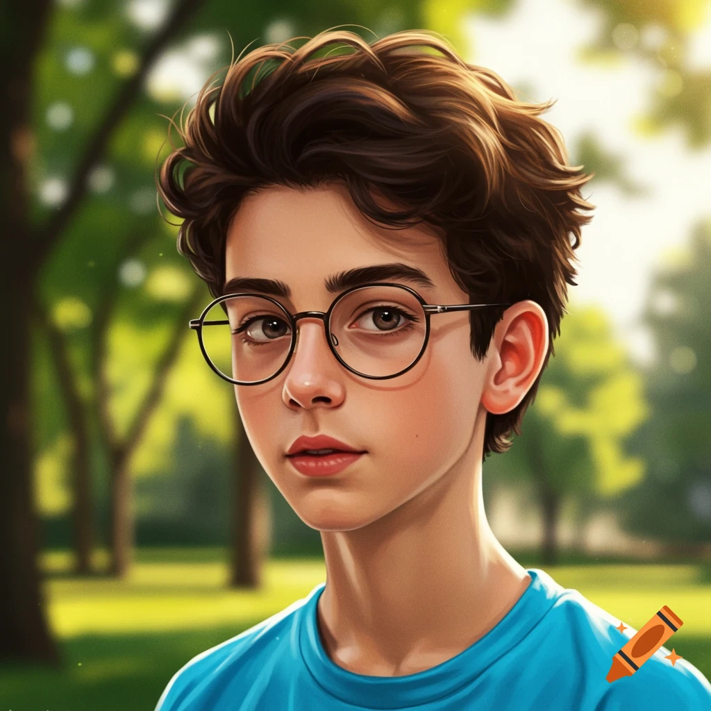 Portrait of a young boy with glasses and brown hair in a sunny park.