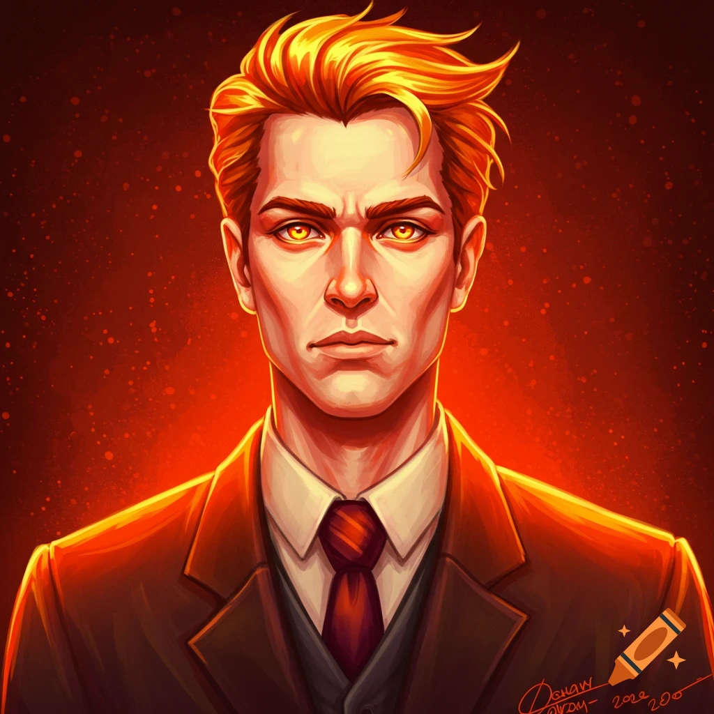 Portrait of a man in a suit with orange hair and glowing orange eyes against a red background.