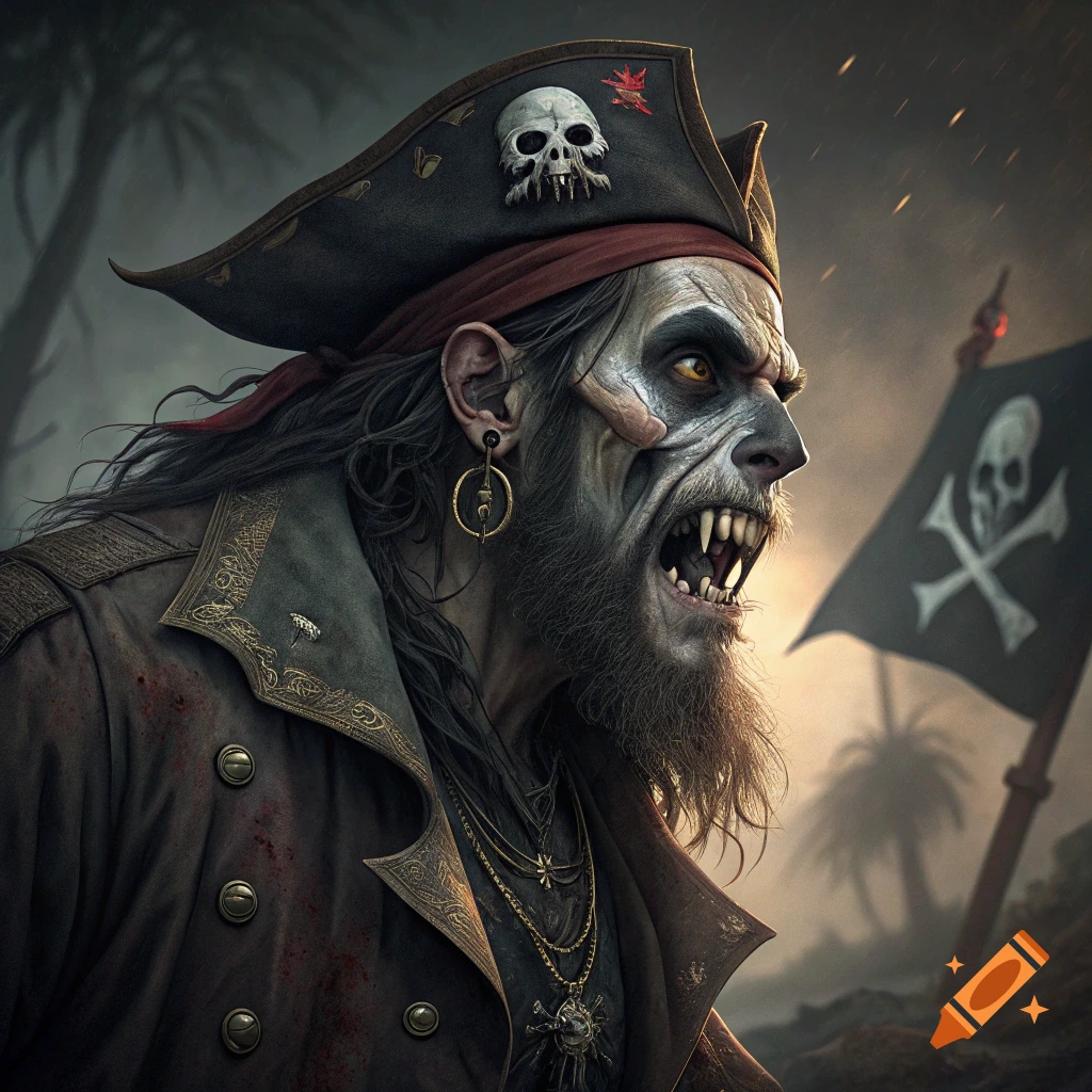 Undead pirate captain with fangs and a skull hat standing before a pirate flag in a dark setting.