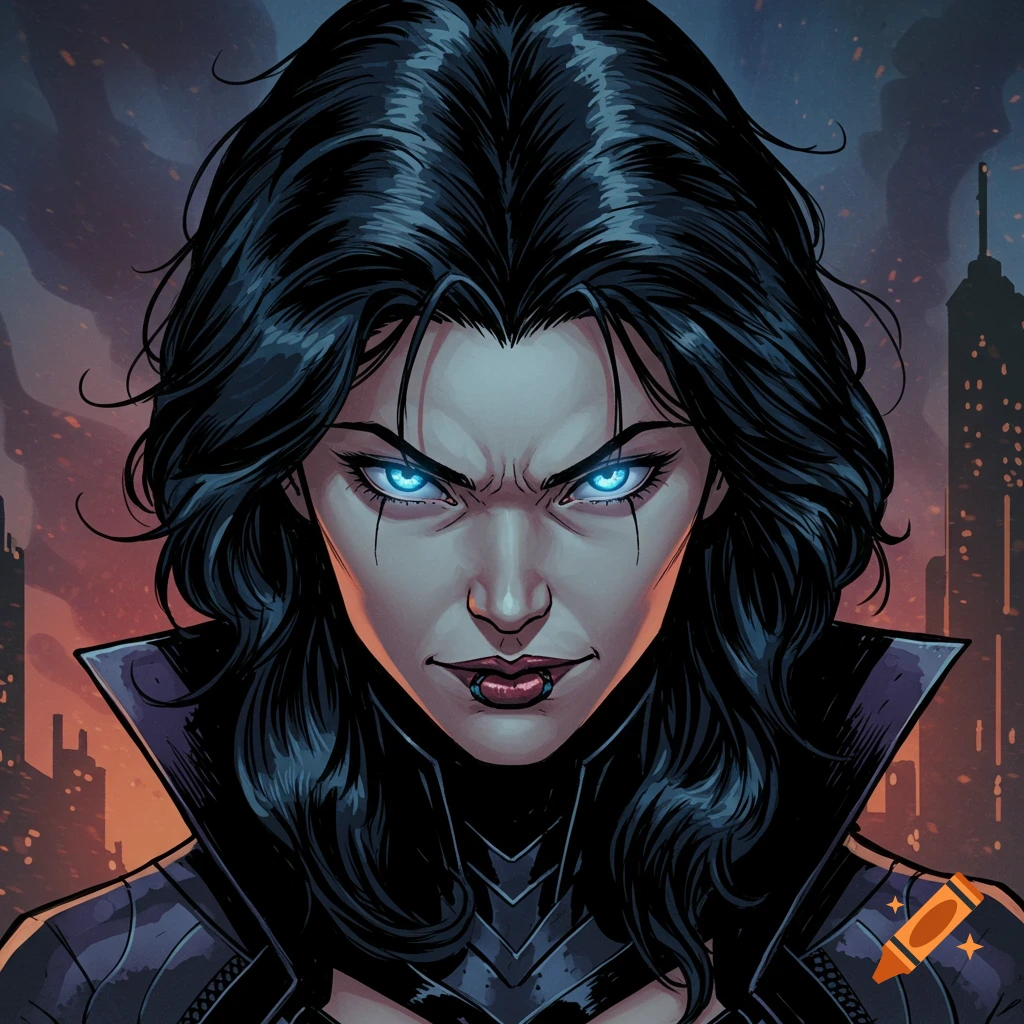 Comic book style portrait of a dark-haired female villain with glowing blue eyes and a city background.