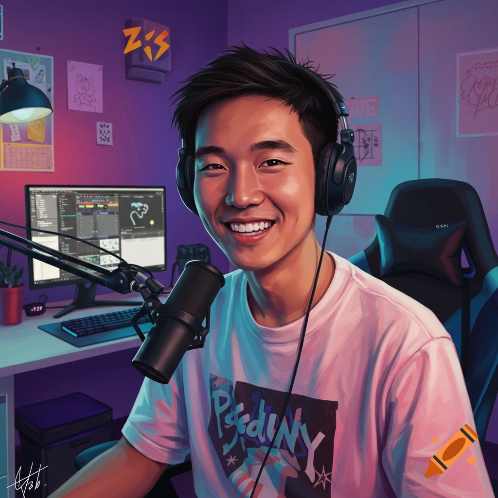 A young man is smiling while wearing headphones and a microphone at a computer setup.