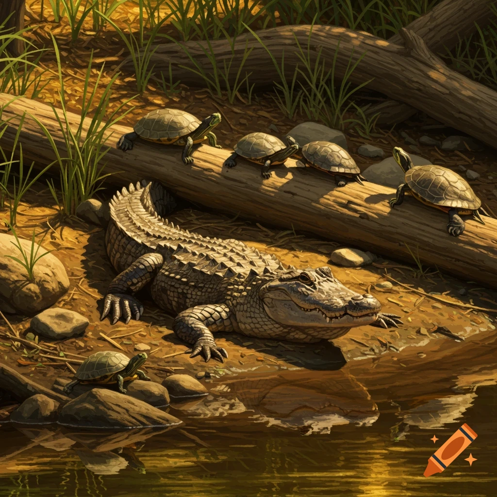 An alligator and turtles basking on a log and ground by the water.