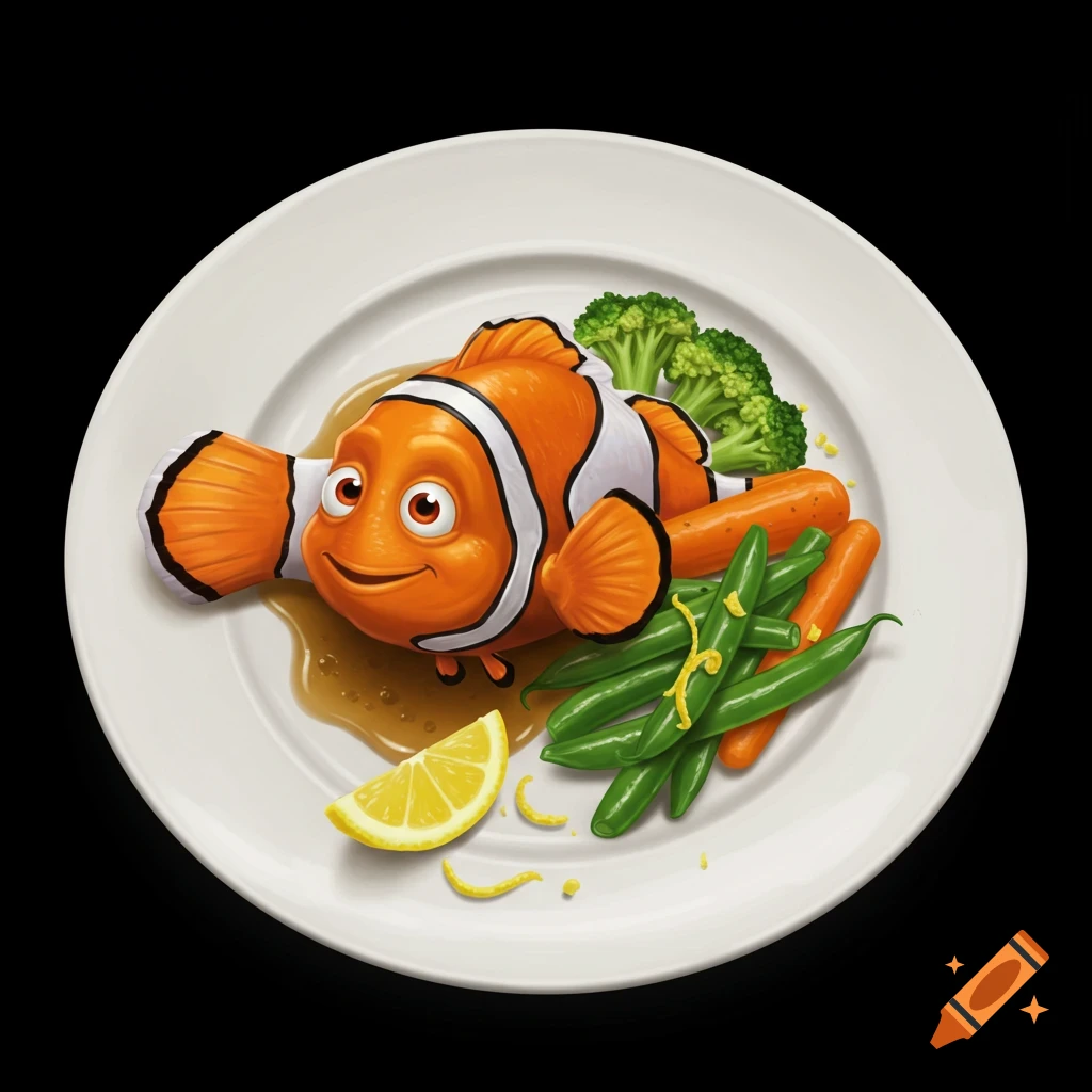 Cartoon clownfish on a plate with vegetables and lemon slice