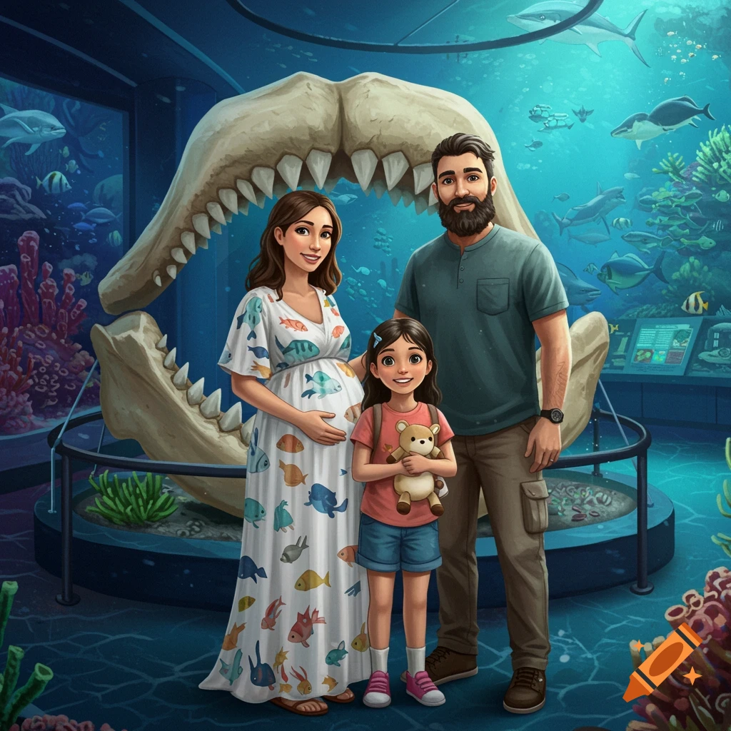 Semi-realistic digital illustration of a pregnant mother, father, and daughter at an aquarium in front of a large jaw fossil.