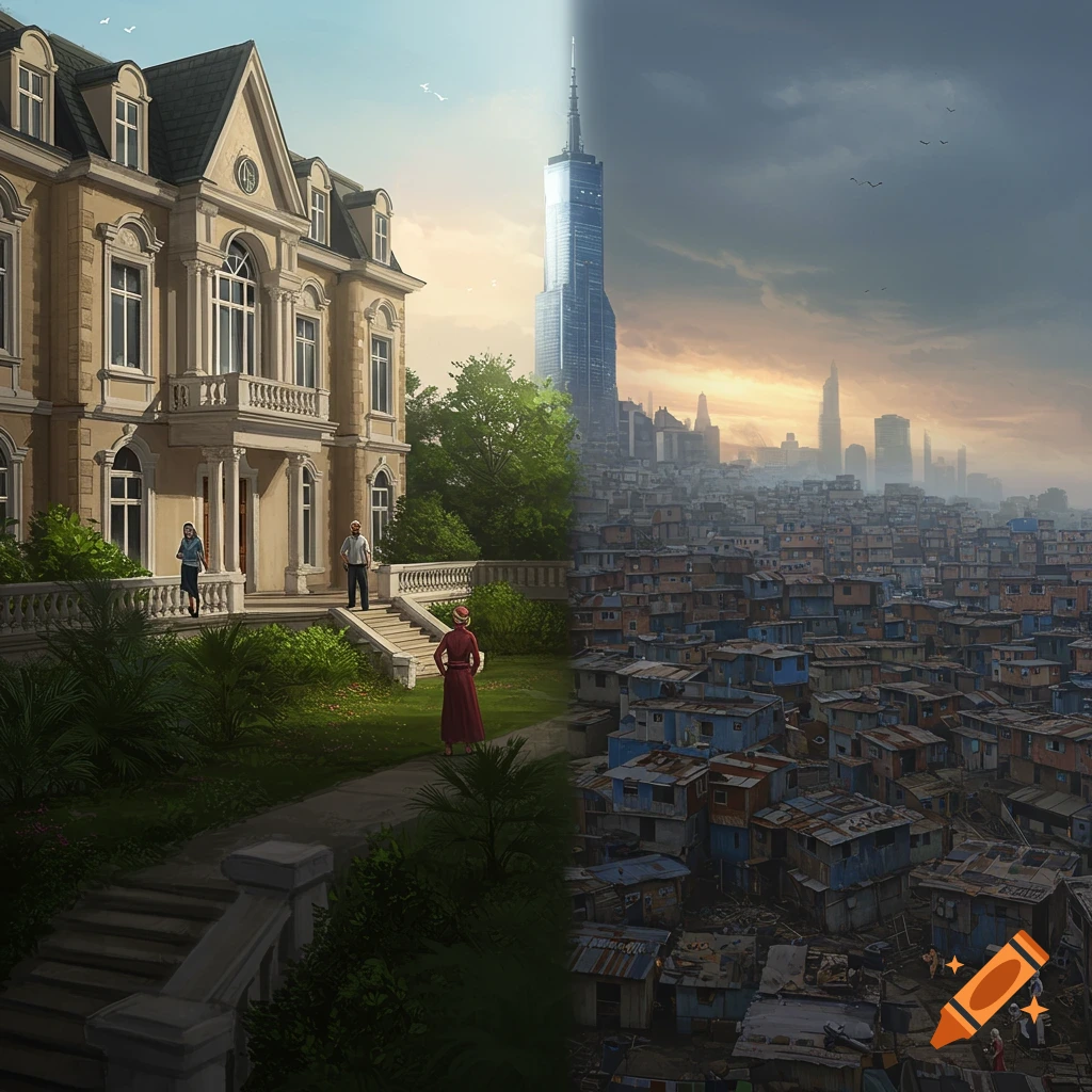 Shows a mansion next to a crowded slum with a skyscraper in the background.
