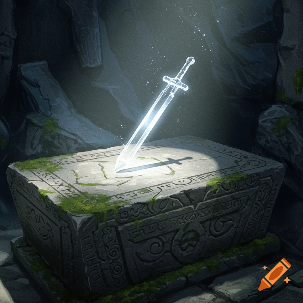 A glowing translucent sword stands upright in a stone altar in a dark cave.