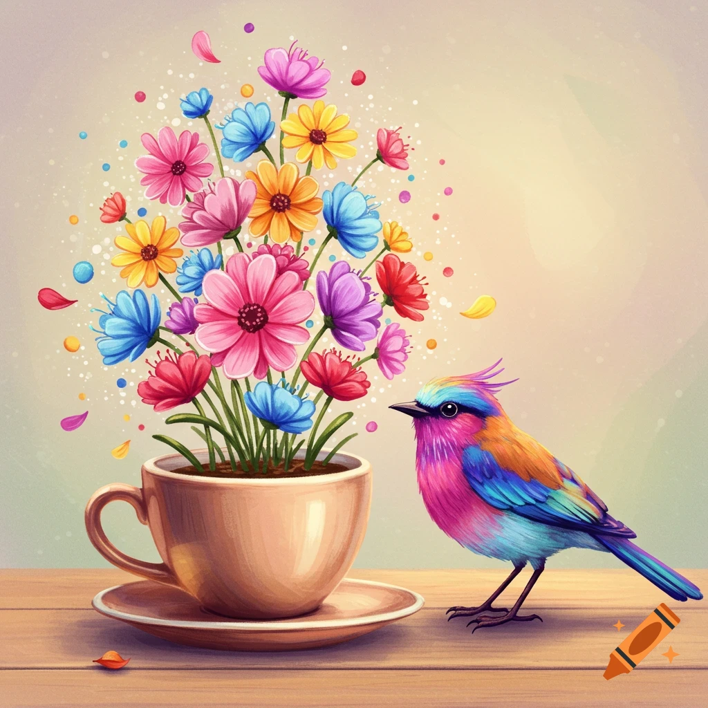A colorful bird beside a teacup overflowing with vibrant flowers on a table.