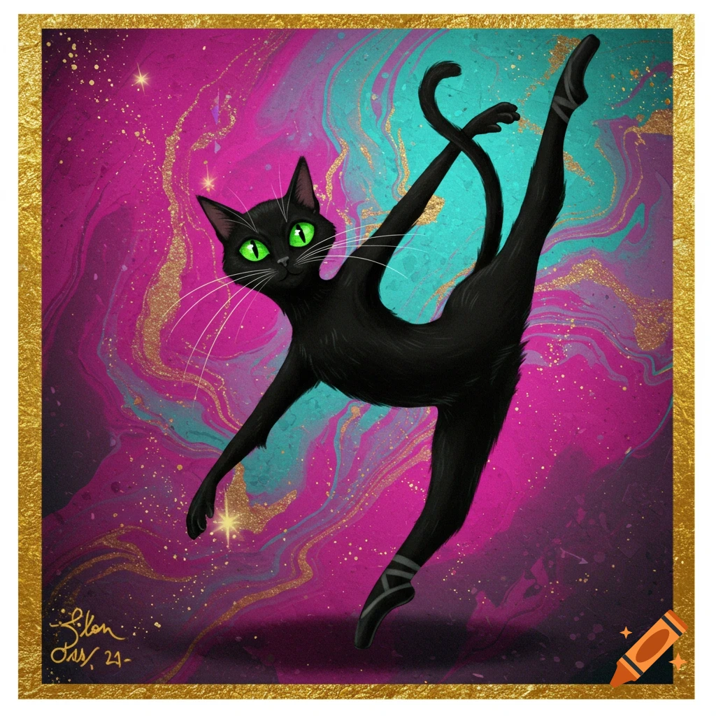 A black cat doing ballet against a vibrant pink, purple, and turquoise abstract background with gold glitter.