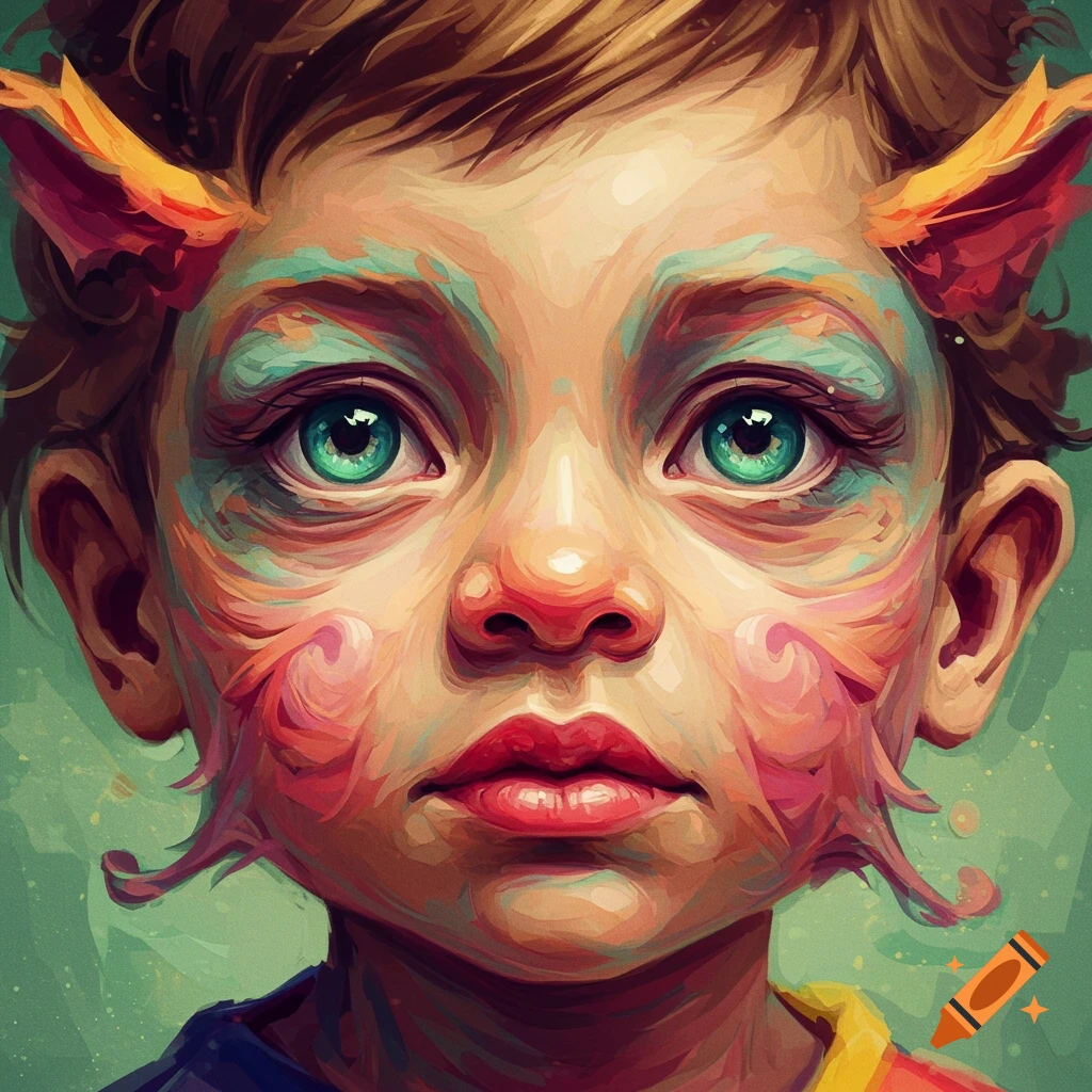 A child's face with large green eyes and colorful, swirling fantastical features in an abstract style.