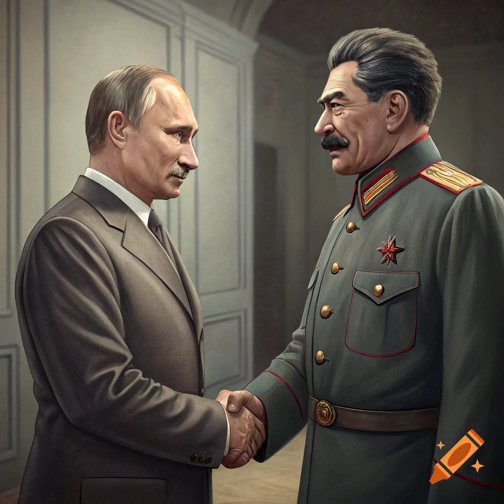 Vladimir Putin and Joseph Stalin shaking hands.