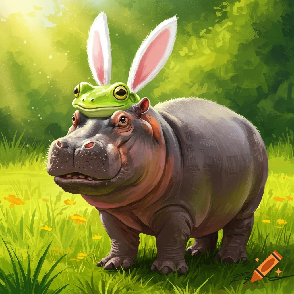 A hippo with a frog wearing bunny ears on its head in a grassy field.
