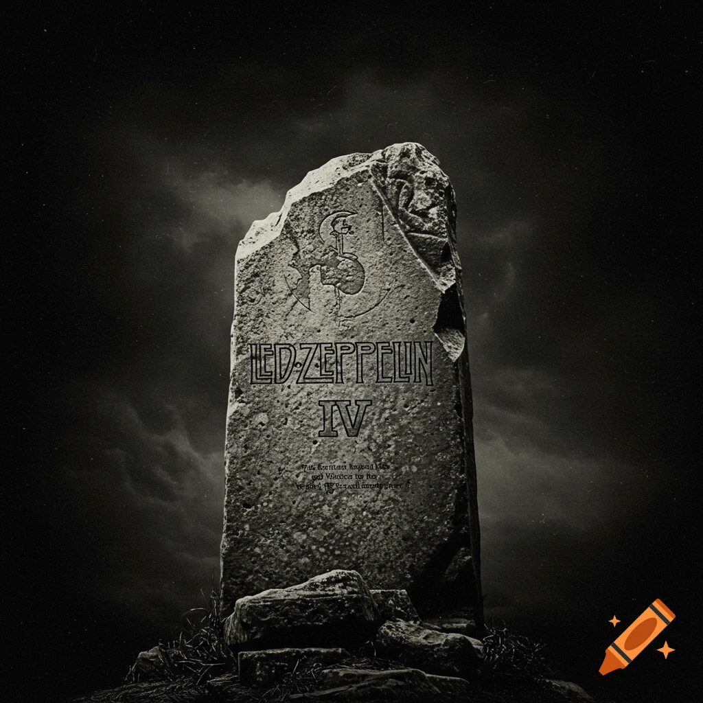 Stone monument with 'LED ZEPPELIN IV' carved on it against a dark, cloudy sky.