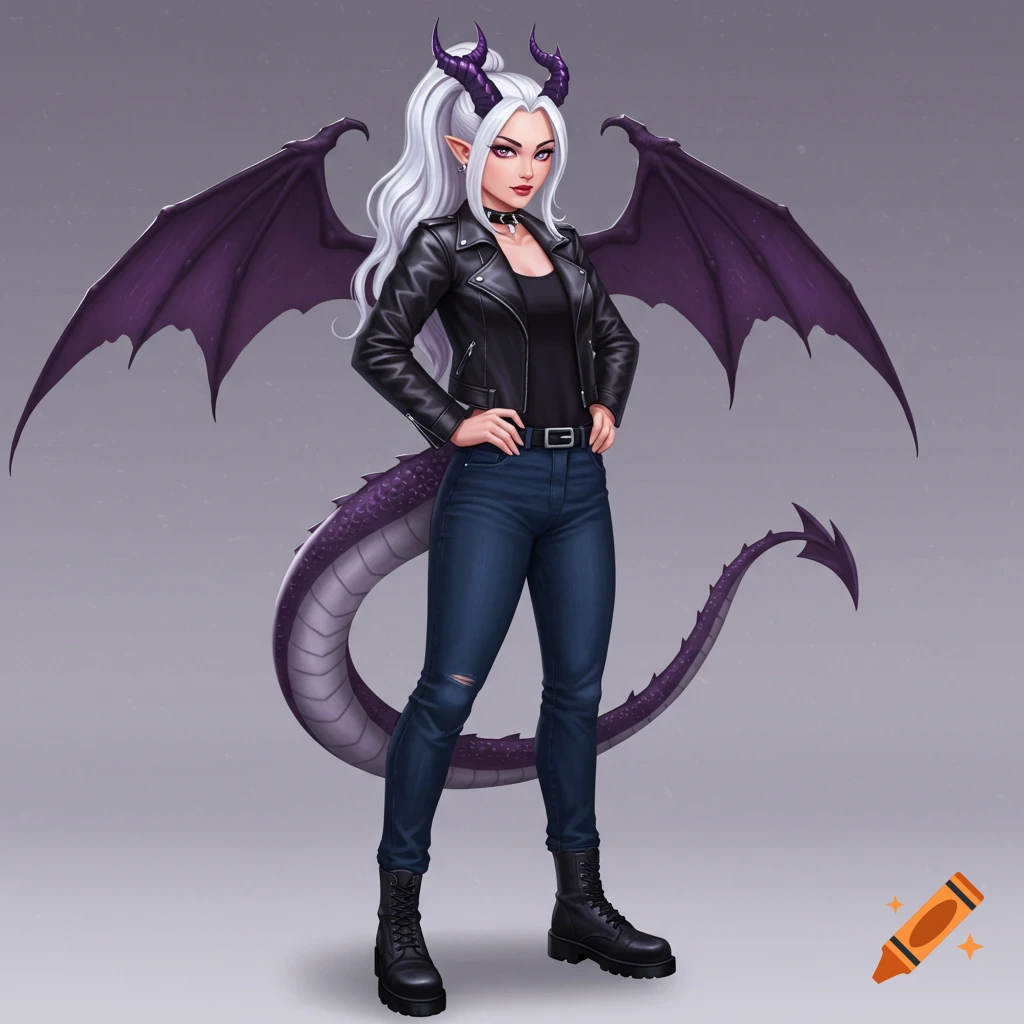 A fantasy woman with dragon horns, wings, and tail, wearing a leather jacket and jeans.