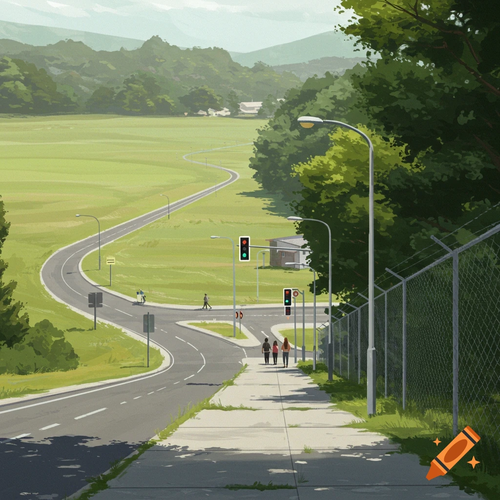 A landscape featuring a winding road, an intersection, a sidewalk, a fence, and people walking.
