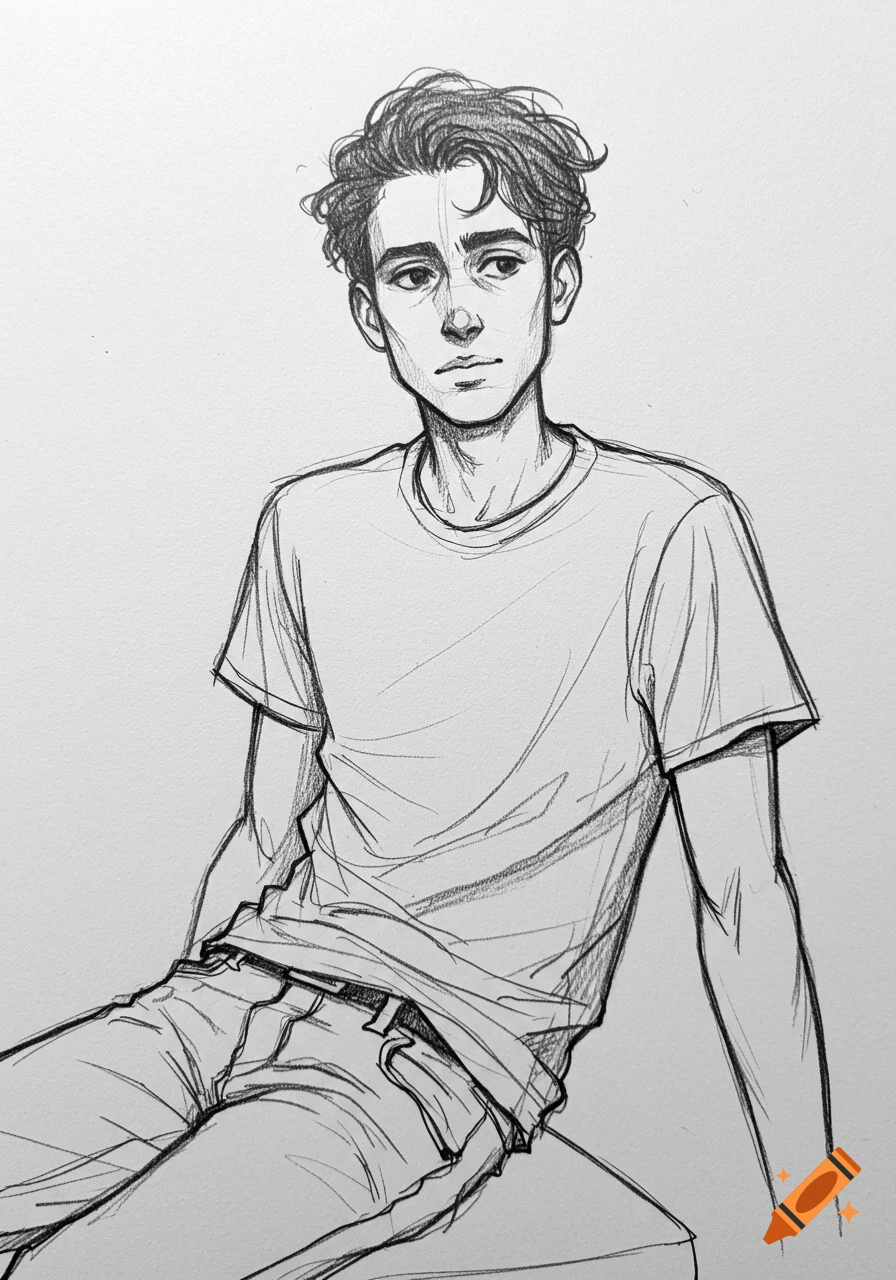 Pencil sketch drawing of a young man from the chest up.