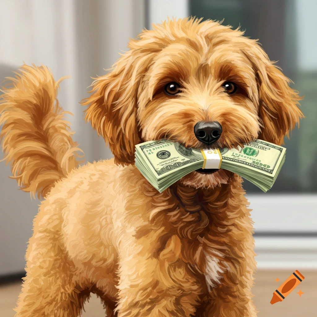 A golden doodle holding stacks of cash in its mouth