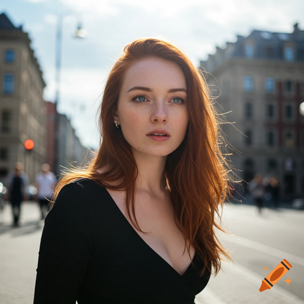 A photorealistic portrait of a woman with red hair and freckles on a city street.