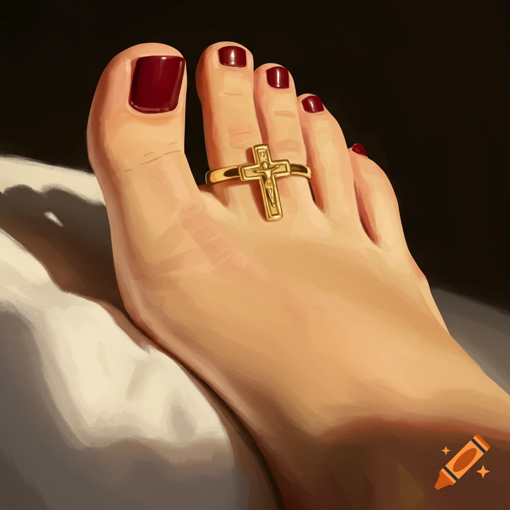 A foot with red nail polish and a gold cross toe ring.