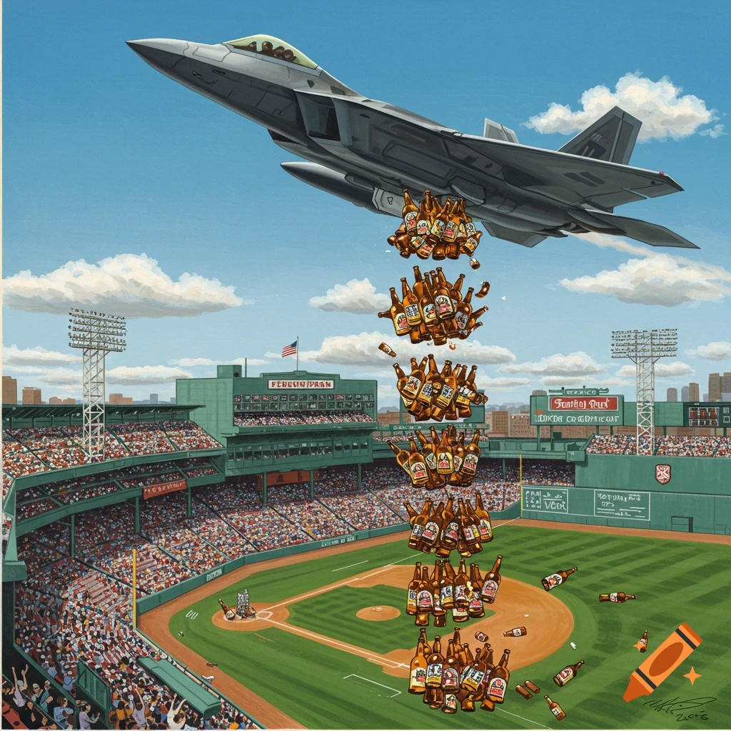 F-22 jet drops beer bottles over a crowded baseball stadium.