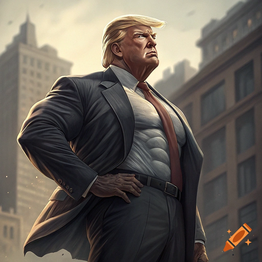Caricature of a muscular Donald Trump in a suit standing in a city.